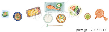 日本の朝食(和食)手描き水彩風イラスト 日本の朝食(和食)手描き水彩風イラスト 79343213