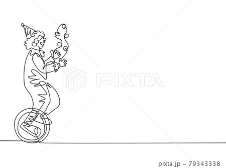 Continuous one line drawing a male clown juggling on a bicycle. The playing clown was very funny and entertained the audience. Circus show event. Single line draw design vector graphic illustration. 79343338