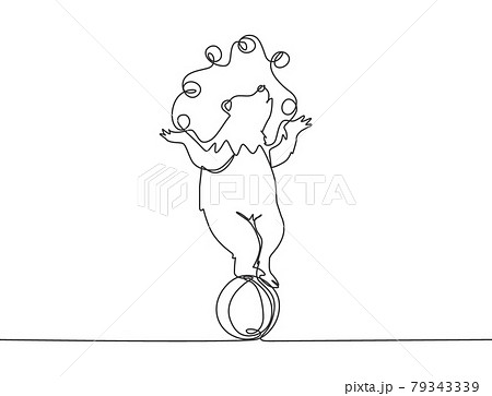 Single one line drawing of a trained brown bear juggling on its head while standing on a ball. A very good circus show for all audiences. Modern continuous line draw design graphic vector illustration 79343339