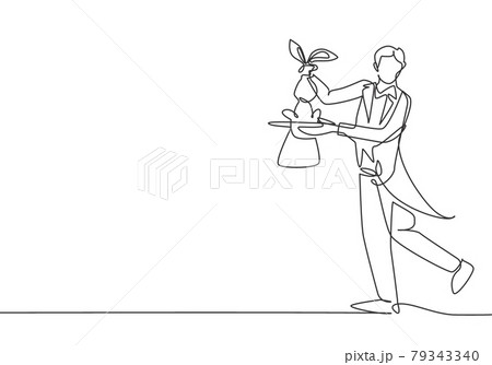 Single continuous line drawing the magician puts on a show by getting a rabbit out of his magic hat. Very impressive magic show that night. Dynamic one line draw graphic design vector illustration. 79343340