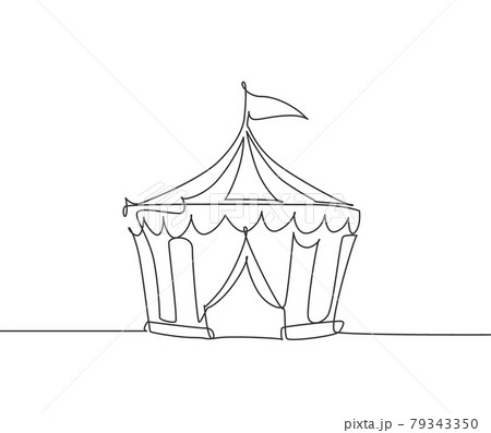 Single one line drawing of circus tent shaped like a pentagon with stripes and a flag at the top. Where clowns, magicians, animals perform. Continuous line draw design graphic vector illustration. 79343350