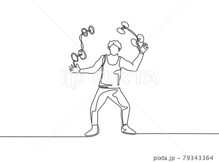 Single one line drawing an acrobat juggling small dumbbells. This game requires dexterity, concentration, and constant practice. Modern continuous line draw design graphic vector illustration. 79343364
