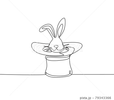 Single one line drawing the magic hat was turned upside down, then a rabbit's head popped out of it. A magic show that managed to amaze the audience. One line draw design graphic vector illustration. Single one line drawing the magic hat was turned upside down, then a rabbit's head popped out of it. A magic show that managed to amaze the audience. One line draw design graphic vector illustration. 79343366
