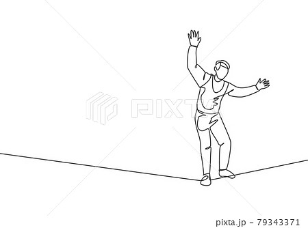 Continuous one line drawing a male acrobat walking on a rope while dancing and raising his hands. This attraction requires courage and agility. Single line draw design vector graphic illustration. 79343371