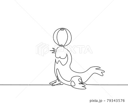 Single continuous line drawing a sea lion playing a stunt with stripped ball on her mouth. Sea lion are highly trained in circus performance. Dynamic one line draw graphic design vector illustration 79343576