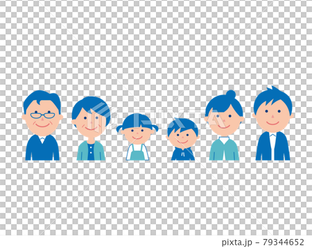 Family of six, side by side, upper body, blue 79344652