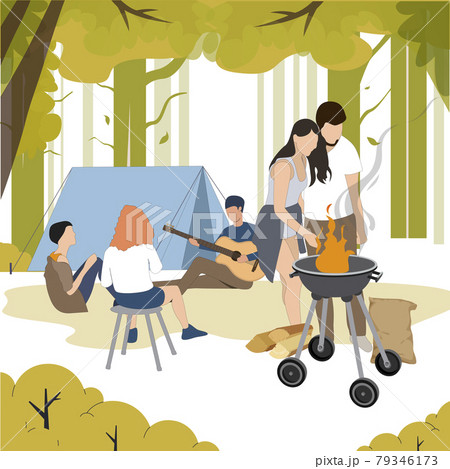 Outdoor recreation, people grill bbq, camping in forest 79346173