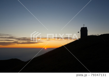 Dawn at the little church, mount Grappa landscape, Italy 79347131