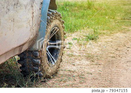 wheel with disc dirty in a swamp off-road tire treads on a rough dusty road with grass close-up. wheel with disc dirty in a swamp off-road tire treads on a rough dusty road with grass close-up. 79347155