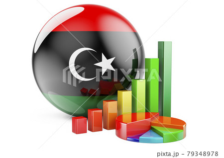 Libyan flag with growth bar graph and pie chart. Business, finance, economic statistics in Libya concept. 3D rendering Libyan flag with growth bar graph and pie chart. Business, finance, economic statistics in Libya concept. 3D rendering 79348978