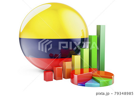 Colombian flag with growth bar graph and pie chart. Business, finance, economic statistics in Colombia concept. 3D rendering Colombian flag with growth bar graph and pie chart. Business, finance, economic statistics in Colombia concept. 3D rendering 79348985