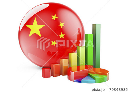 Chinese flag with growth bar graph and pie chart. Business, finance, economic statistics in China concept. 3D rendering 79348986