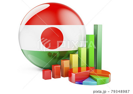 Niger flag with growth bar graph and pie chart. Business, finance, economic statistics in Niger concept. 3D rendering Niger flag with growth bar graph and pie chart. Business, finance, economic statistics in Niger concept. 3D rendering 79348987