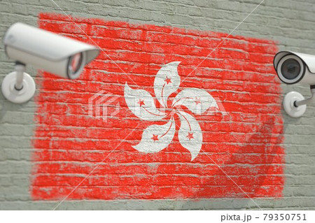 CCTV cameras and wall with flag of Hong Kong. Surveillance related 3D rendering 79350751