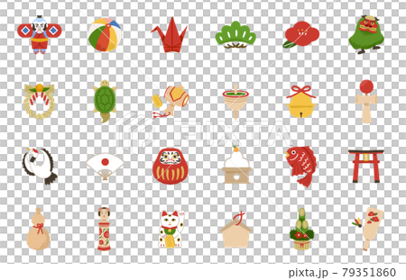 お正月 縁起物のアイコンセット 手描きイラストのイラスト素材