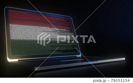 Open laptop and computer code on the screen composing flag of Hungary. Modern information technology related 3d rendering Open laptop and computer code on the screen composing flag of Hungary. Modern information technology related 3d rendering 79353154