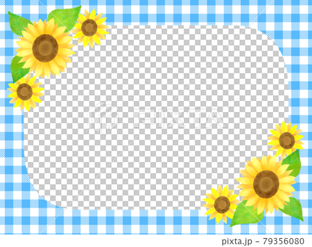 水色チェックの背景素材に白い角丸フレームとひまわりのモチーフ シェパードチェック 小弁慶格子のイラスト素材