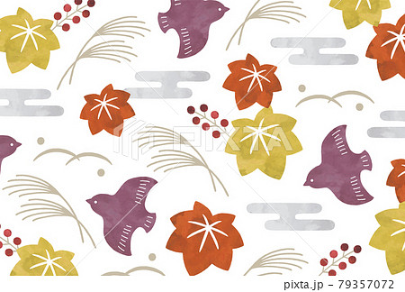 秋の植物と鳥水彩和柄のイラスト素材
