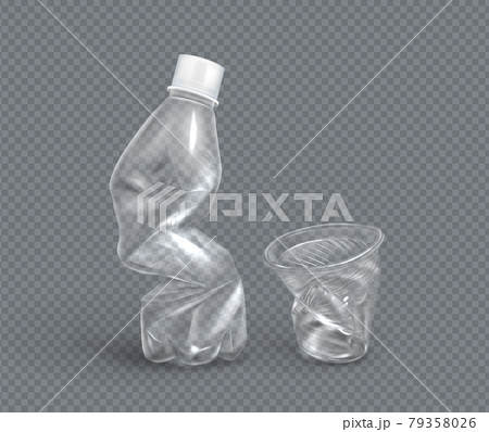 Crumpled plastic cup and bottle for water, vector 79358026