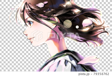 Color of female student illustration of profile, with cherry blossoms, single person version 79358762