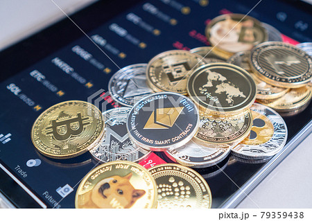 Cryptocurrency on Binance trading app, Bitcoin BTC with BNB, Ethereum, Dogecoin, Cardano, Litcoin, altcoin digital coin crypto currency defi p2p decentralized finance and fintech banking market 79359438