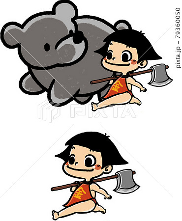 斧を持つかわいい金太郎と熊のイラスト素材