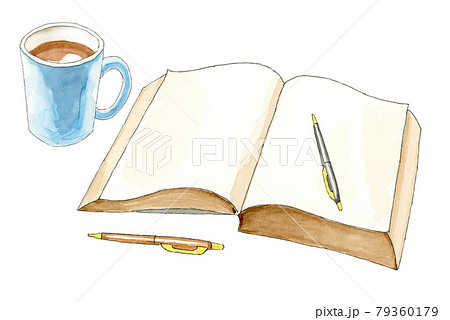 ノートとペンとコーヒー【手描き水彩画】のイラスト素材 [79360179