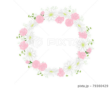 ピンクのバラと白いガーベラのフレーム 丸のイラスト素材