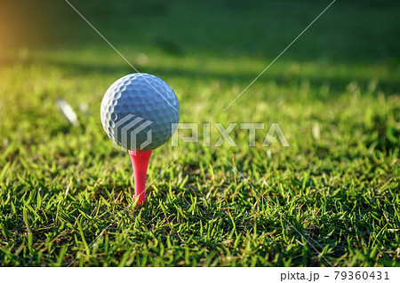 golf ball on tee in a beautiful golf course with morning sunshine golf ball on tee in a beautiful golf course with morning sunshine 79360431