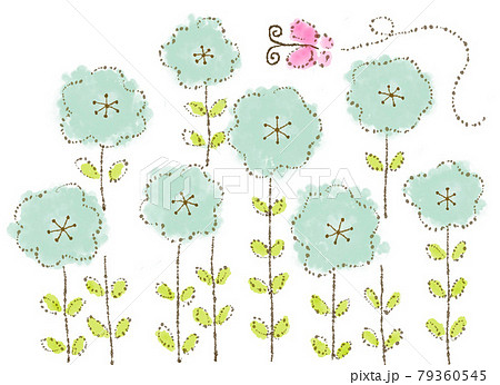 青い花の畑にピンクの蝶々 手描き水彩風可愛いイラストのイラスト素材