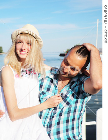 Lovers man and woman rest in a tropical country. Holiday romance, love, happy people 79360995