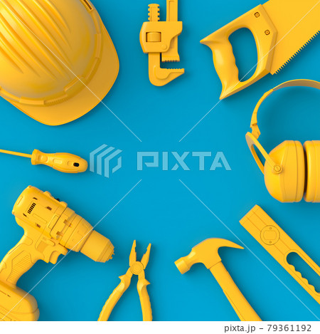 Top view of monochrome construction tools for repair on blue and yellow Top view of monochrome construction tools for repair on blue and yellow 79361192