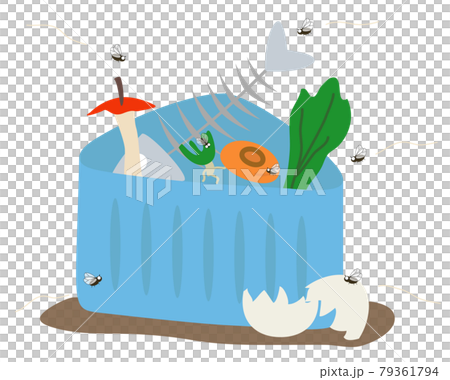 Illustration of flies flying around a triangular corner containing kitchen waste 79361794