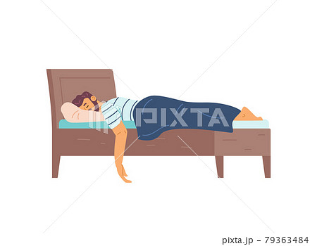 Man sleeping in his bed at night, flat vector illustration isolated on white. 79363484