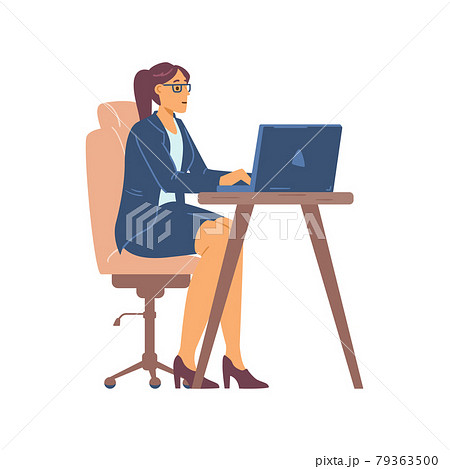 Business woman at table typing on laptop, flat vector illustration isolated. 79363500