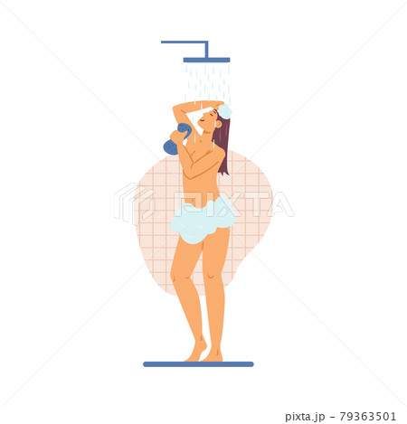 Young pretty woman taking shower, flat vector illustration isolated on white. 79363501