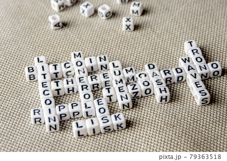 set of popular crypto coins words forming thematical crossword made of white cubes with black capital letters 79363518