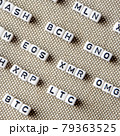 set of popular crypto coins forming rows made of white cubes with black capital letters 79363525