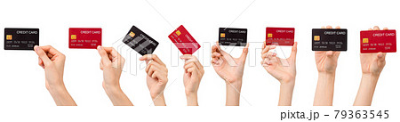 Hand holding mockup credit card, gesture collection isolated on white background. Hand holding mockup credit card, gesture collection isolated on white background. 79363545