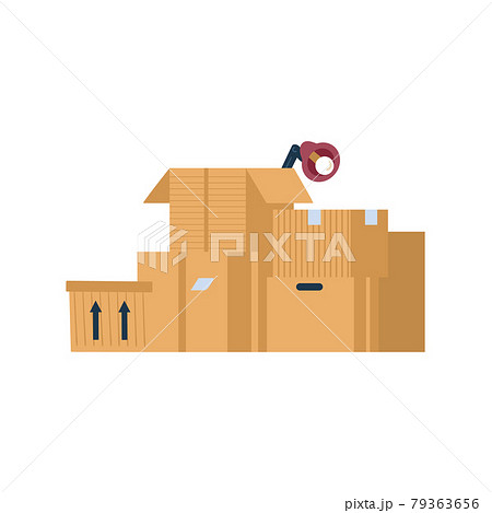 Set of open and closed cardboard boxes for moving relocation of office or house. 79363656