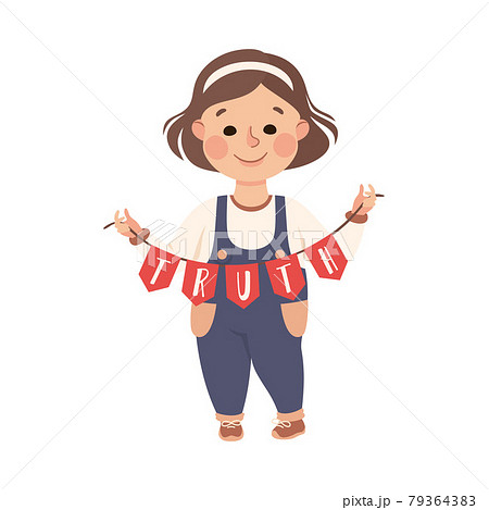 Kind and Fair Little Girl Holding Garland with Truth Word Vector Illustration 79364383