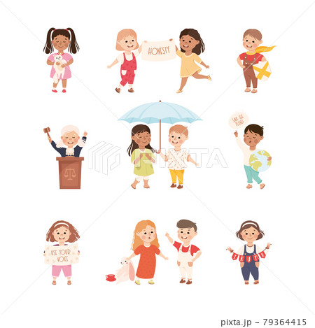 Kind and Fair Little Children Doing Justice and Engaged in Honest Behavior Vector Set 79364415