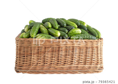 Green cucumbers in a wicker basket on a white background, isolate, close-up. Agriculture, cooking 79365421