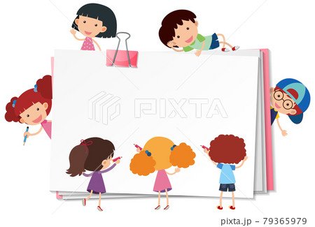 Blank paper with many kids cartoon character isolated 79365979