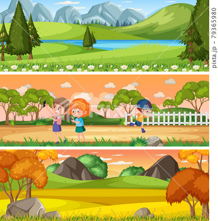 Different panoramic nature landscape set with cartoon character Different panoramic nature landscape set with cartoon character 79365980