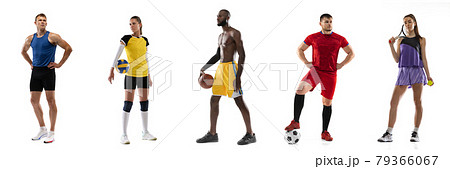Sport collage. Tennis, soccer football, basketball, fitness, running, volleyball players posing isolated on white studio background 79366067