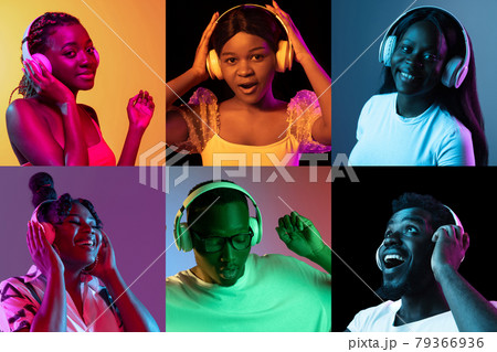 Collage of portraits of six african young people in white headphones isolated over multicolored background in neon lights. Collage of portraits of six african young people in white headphones isolated over multicolored background in neon lights. 79366936