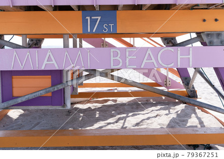 Miami Beach sign on lifeguard tower station 17 st in Miami, USA Miami Beach sign on lifeguard tower station 17 st in Miami, USA 79367251
