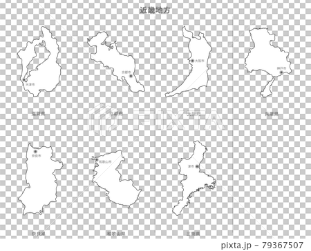 白地図 日本 近畿地方の都府県セット 県名 県庁所在地名のイラスト素材