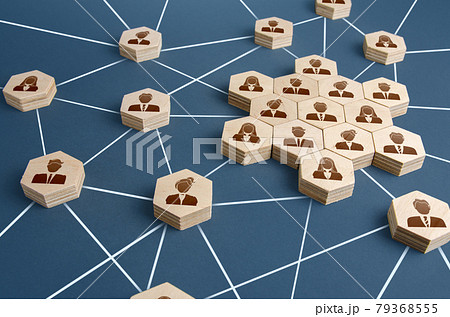 A network of connected people with a large group of employees. Organized communication system between company workers. Decentralized networking communication. Partnerships, business relations 79368555